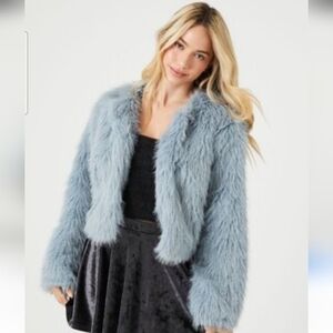 FOREVER 21 Faux Fur Glam Open Front Jacket – Light Blue. Size Small